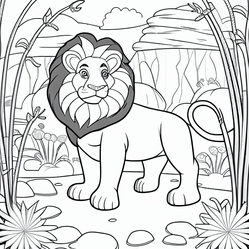 Desenho para colorir de um leão em uma aventura na floresta