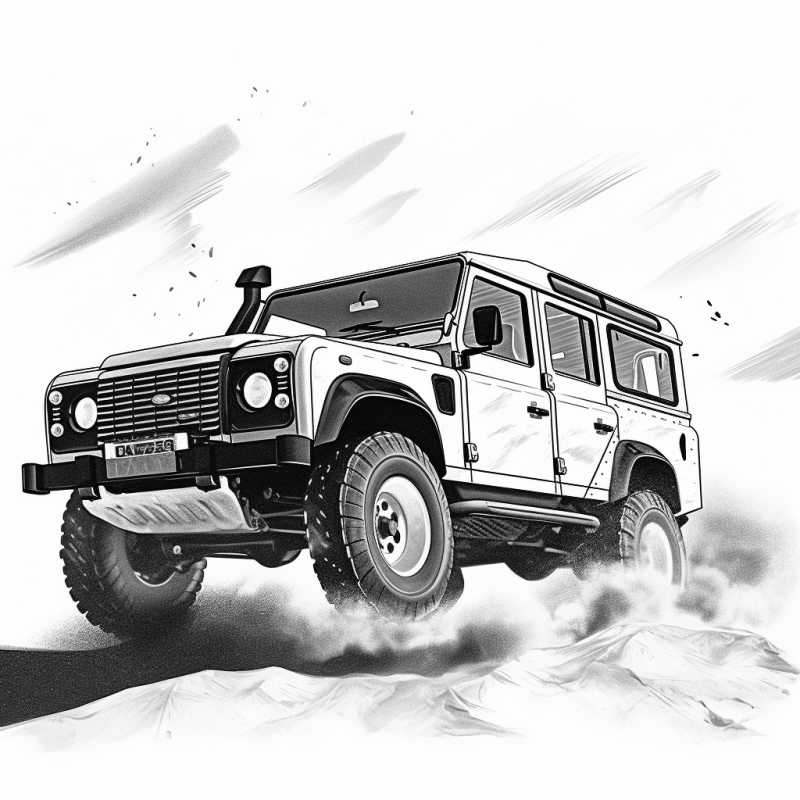 Desenho de carro off-road 4x4 em alta velocidade no deserto de Dubai para colorir