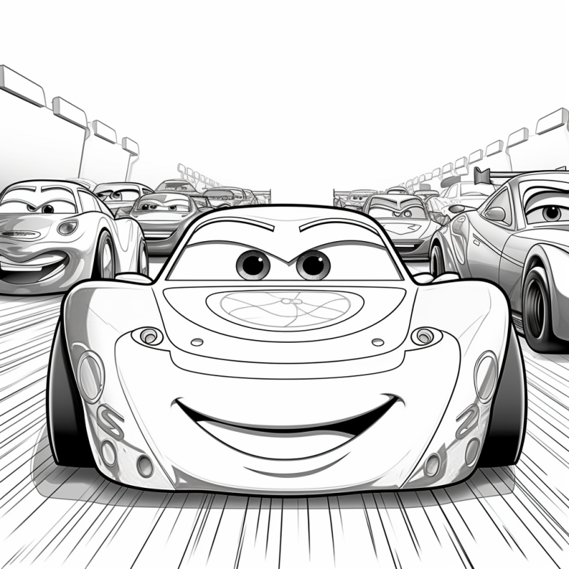 Cena animada de carros na pista de corrida, com carro sorridente em destaque