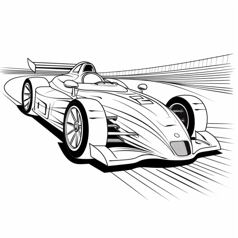 Desenho para colorir de carro de Fórmula 1 realista em disputa de Grande Prêmio