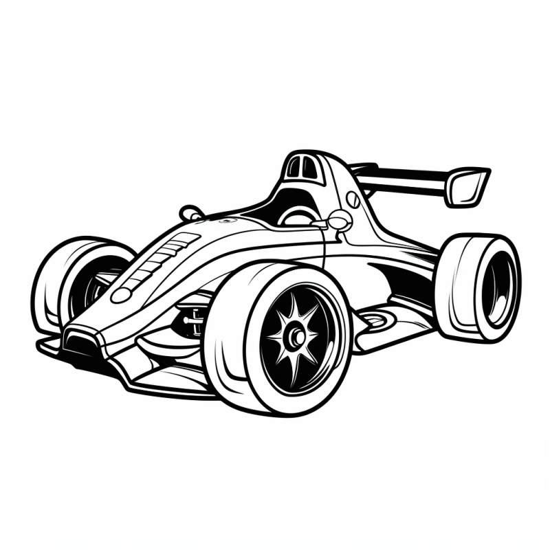 Desenho estilizado de carro de corrida para colorir, com aerofólio grande e bico dianteiro pontudo