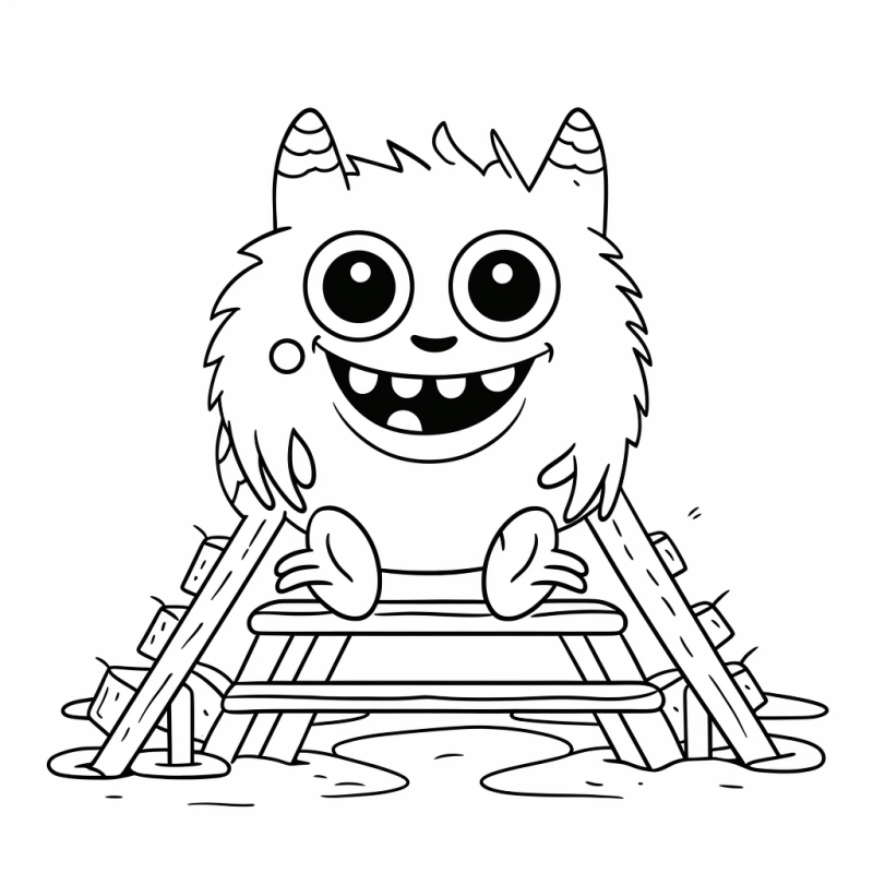 Desenho para colorir de monstrinho fofo na ponte de madeira