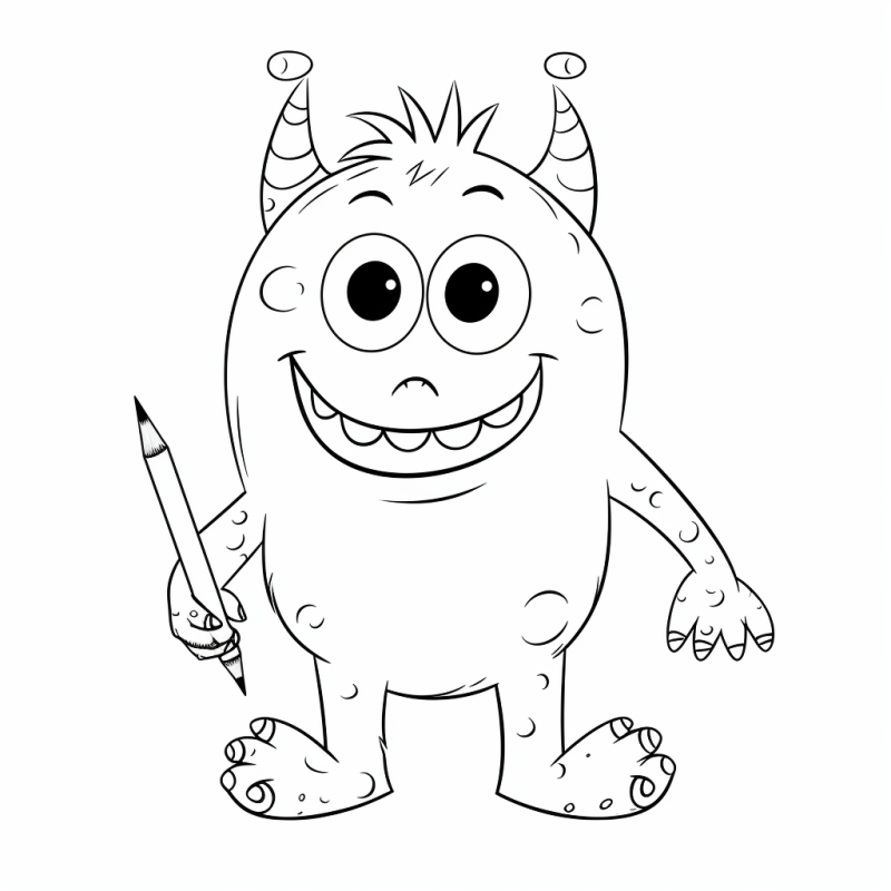Monstrinho feliz Doodly segurando um lápis e animado para desenhar, imagem em preto e branco para colorir