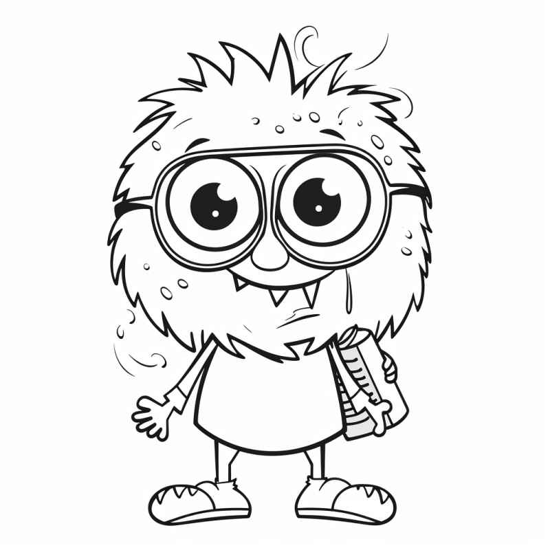 Milo, o monstrinho intelectual com óculos e mochila, indo para seu primeiro dia de aula, desenho para colorir