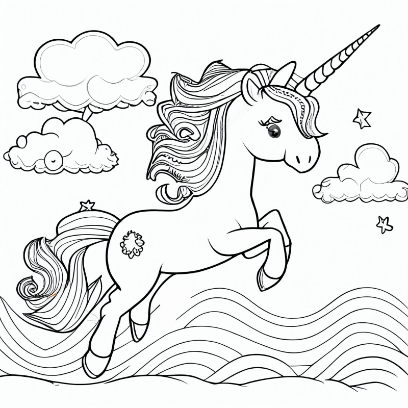 Desenho para colorir de um lindo unicórnio saltando com seu chifre mágico sobre um arco íris
