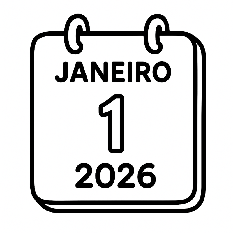 Desenho de um calendário minimalista marcando o 1º de janeiro de 2026 para colorir
