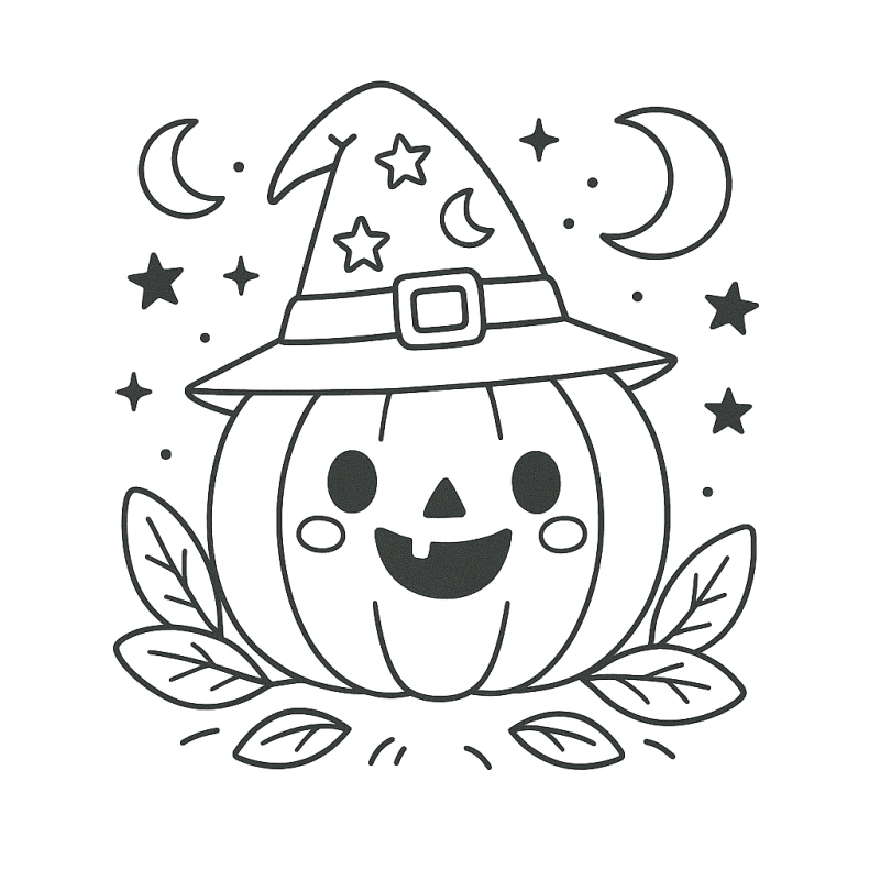 Desenho de Abóbora com Chapéu de Bruxa para Colorir Desenho de abóbora de Halloween com chapéu de bruxa para colorir