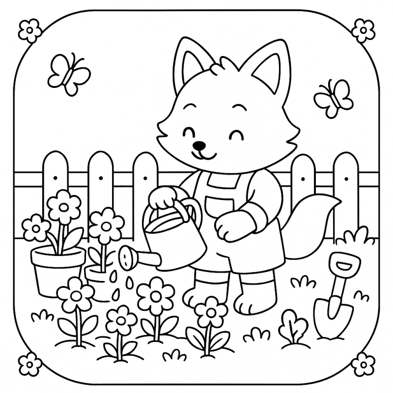 Raposo fofo em um jardim com regador e borboletas por perto