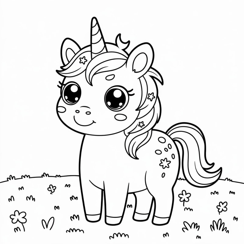 Desenho de um unicórnio adorável pronto para colorir em um cenário mágico