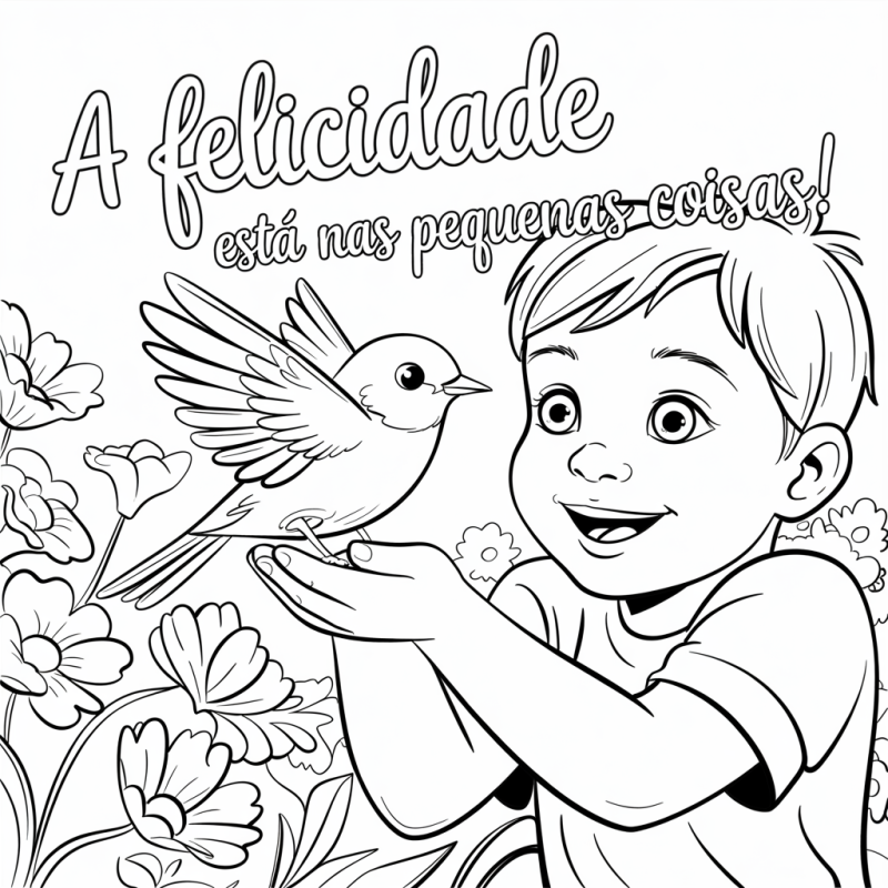 Menino sorridente segurando um pássaro com frase motivacional para colorir
