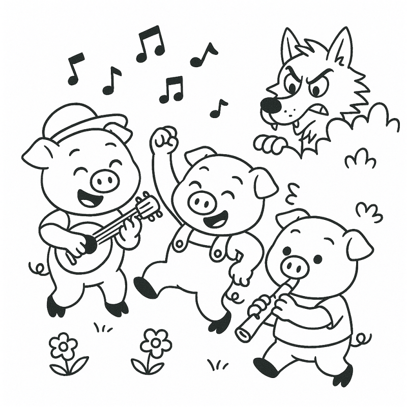 Desenho dos Três Porquinhos tocando música com notas musicais ao redor
