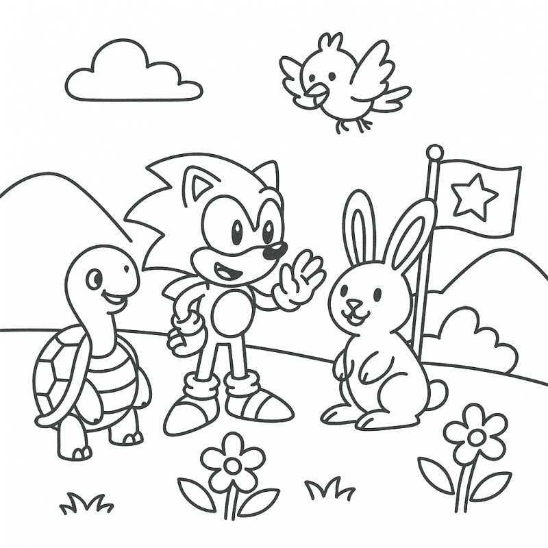Desenho do Sonic acenando com animais e paisagem para colorir