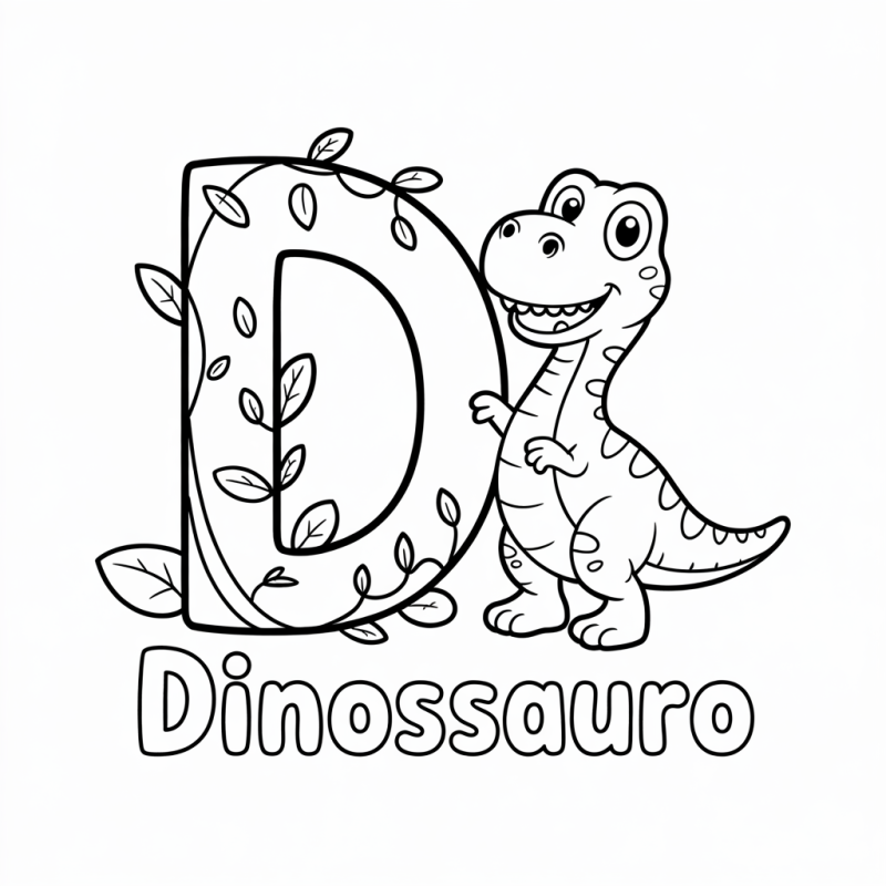 Desenho da letra D com dinossauro sorridente para colorir