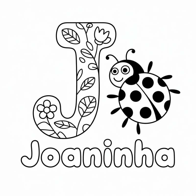 Desenho de uma grande letra J estilizada com joaninha e flores para colorir.