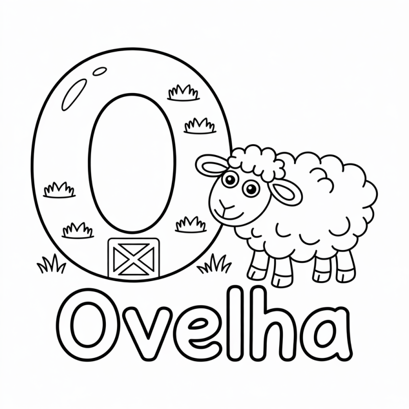 Desenho para colorir da letra O com uma fofa ovelha ao lado