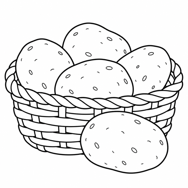 Batatas de formatos ovais em um cesto baixo, com uma batata à frente.
