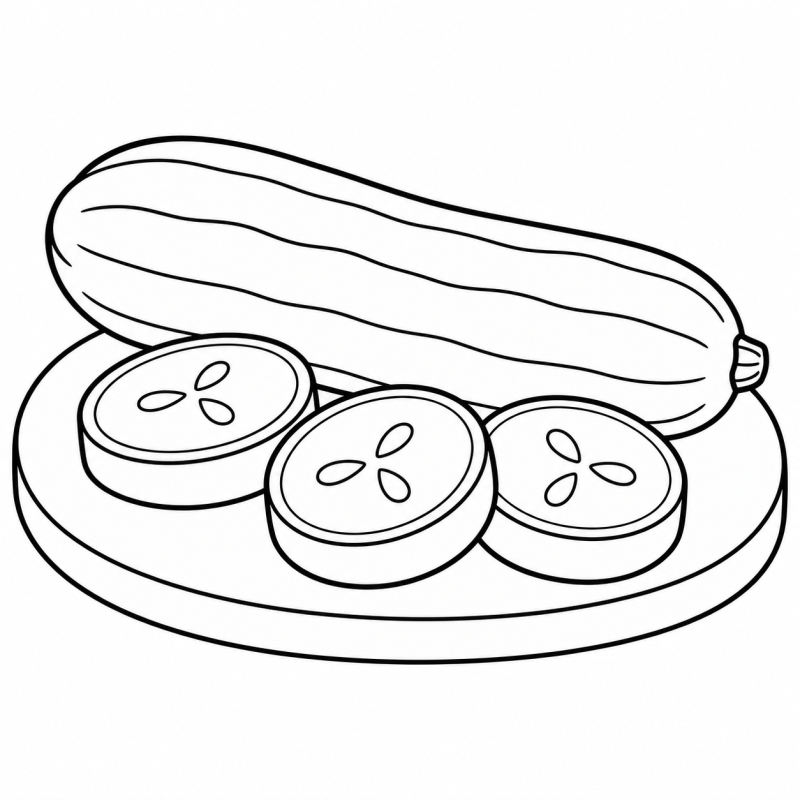 Pepino inteiro e três fatias com sementes sobre uma tábua oval.
