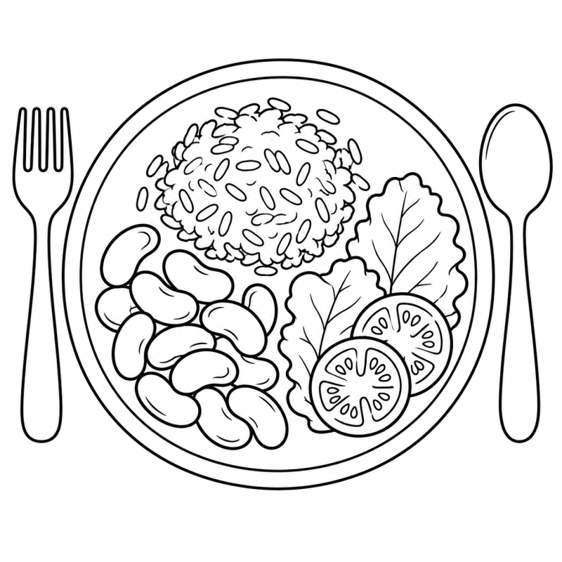 Prato com arroz, feijão, alface e tomate, acompanhado de garfo e colher.