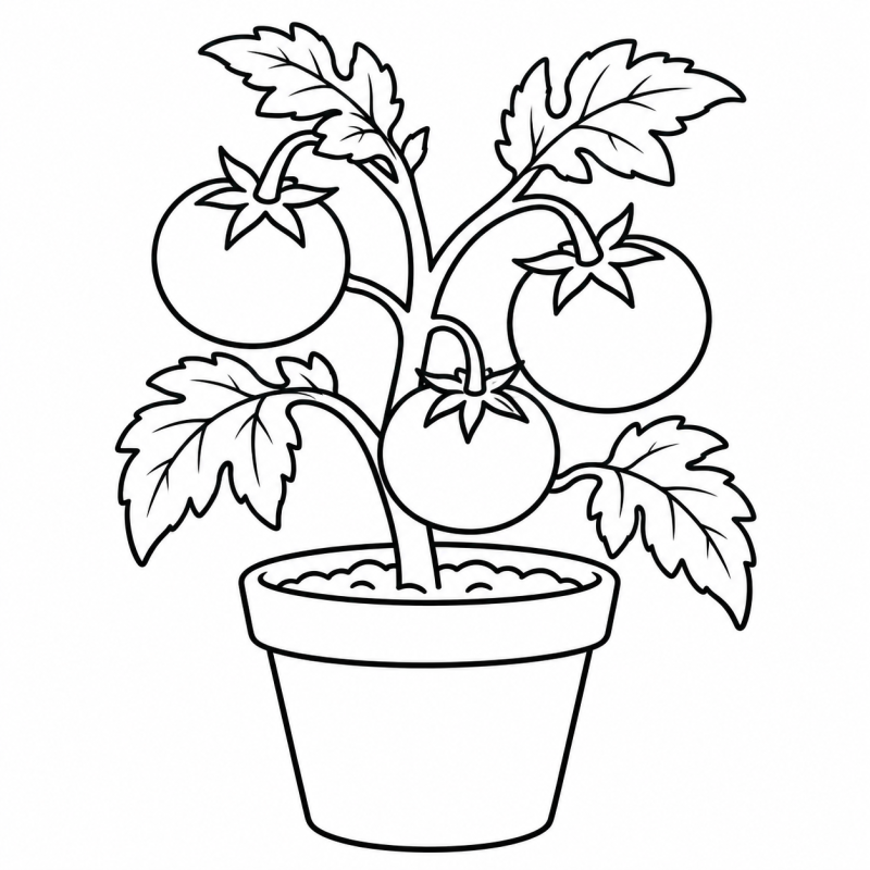 Tomateiro no vaso com três tomates, folhas recortadas e caules contornados.