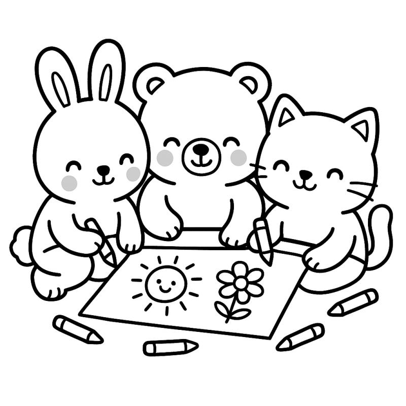 Desenho para colorir dos Cozy Friends: Coelhinho, Ursinho e Gatinho sorrindo com lápis de cera