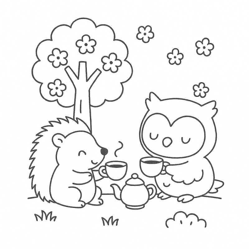 Desenho para colorir de um ouriço e uma coruja tomando chá com flores ao redor