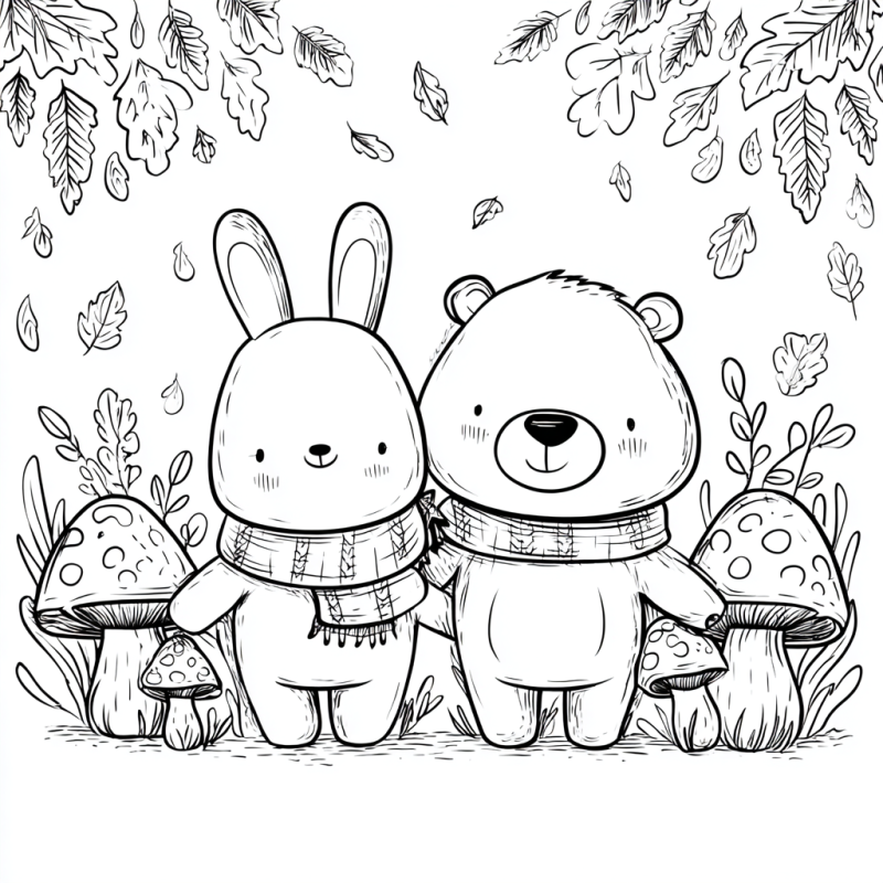 Desenho de um coelho e urso de cachecol em um bosque