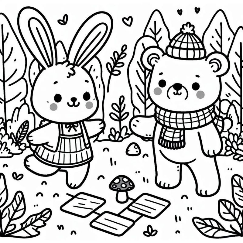 Desenho de coelho e urso em cenário florestal para colorir