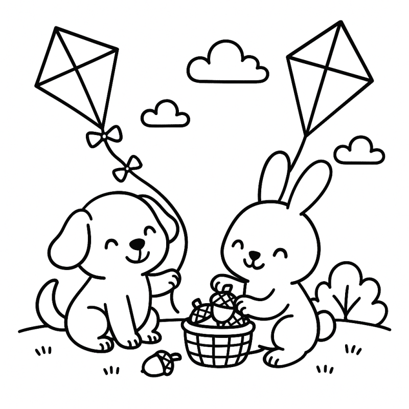 Desenho para colorir de um cachorro e um coelho com pipas e bolotas