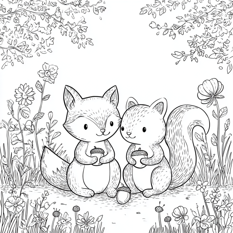 Desenho de raposa e esquilo amigos para colorir em cenário sereno