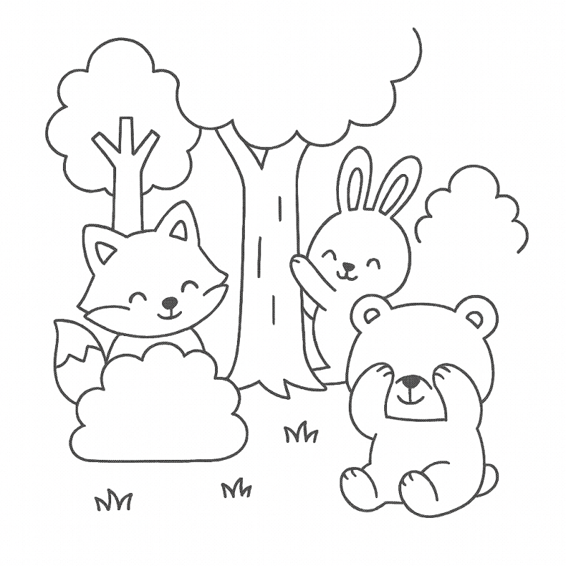 Desenho de amigos na natureza brincando de esconde-esconde