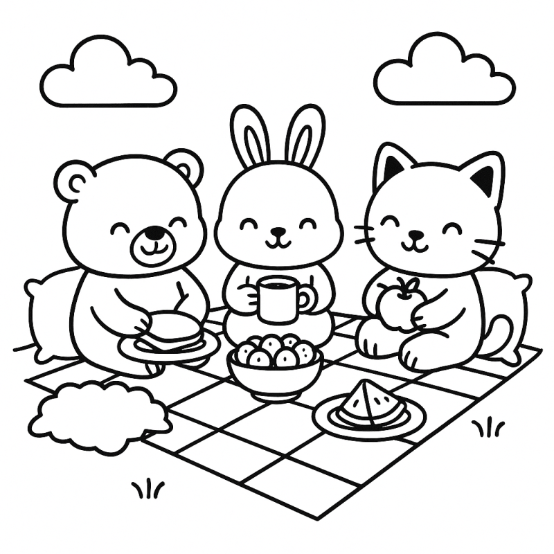 Desenho de piquenique com urso, coelho e gato em um alegre momento de Cozy Friends.