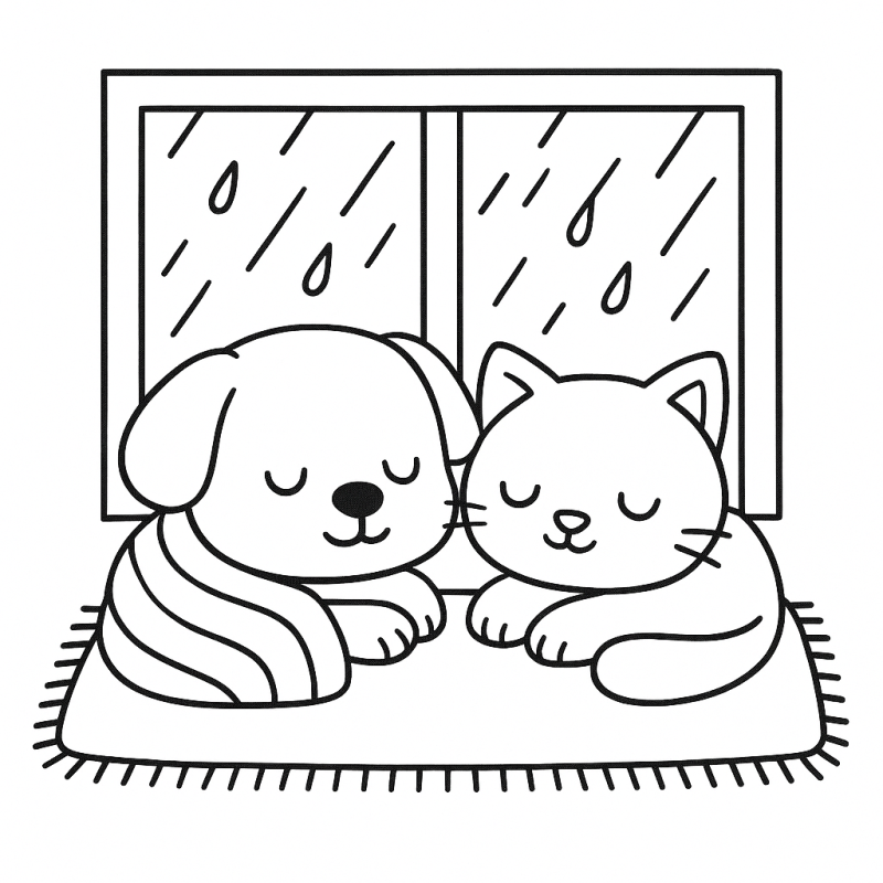 Desenho de cachorro e gato dormindo em um cenário aconchegante