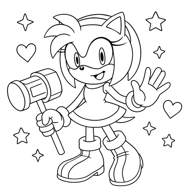 Desenho de Amy Rose sorridente para colorir com estrelas e corações
