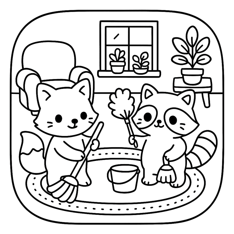 Desenho de raposa e guaxinim fazendo limpeza - Boobie Goods