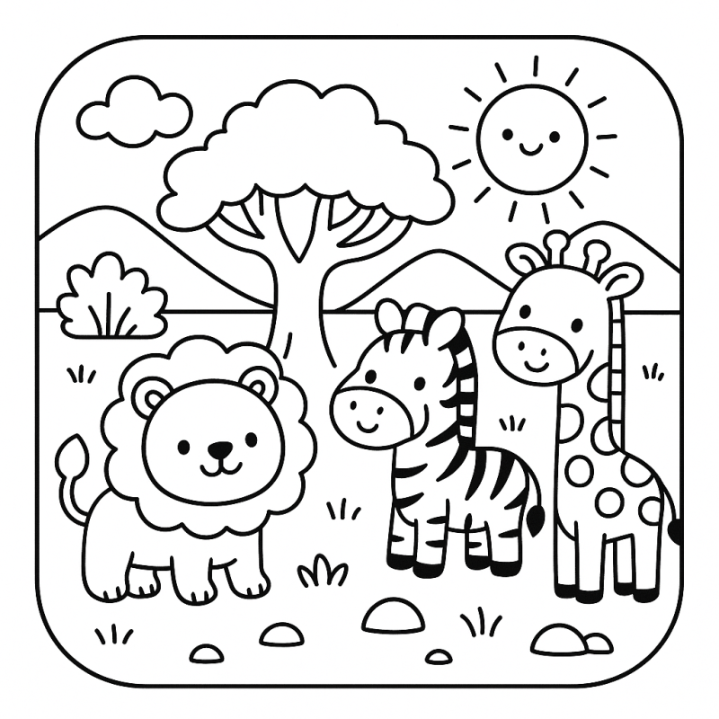 Desenho boobie goods de leão, zebra e girafa para colorir
