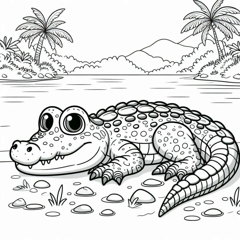 Desenho de jacaré cartunesco amigável do Pantanal para colorir