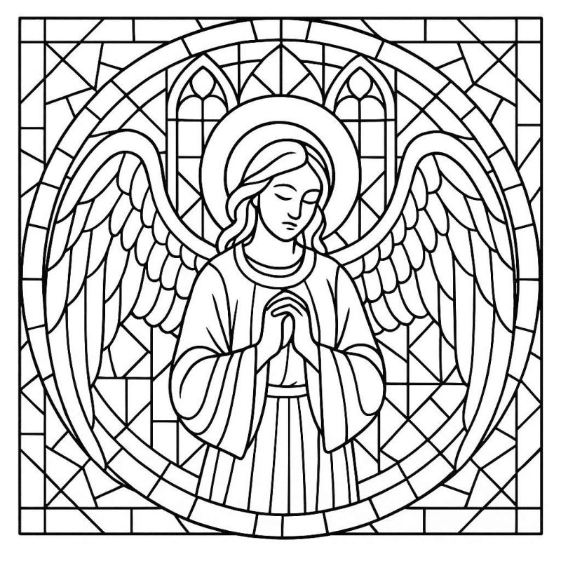 Desenho de um anjo em estilo vitral para colorir