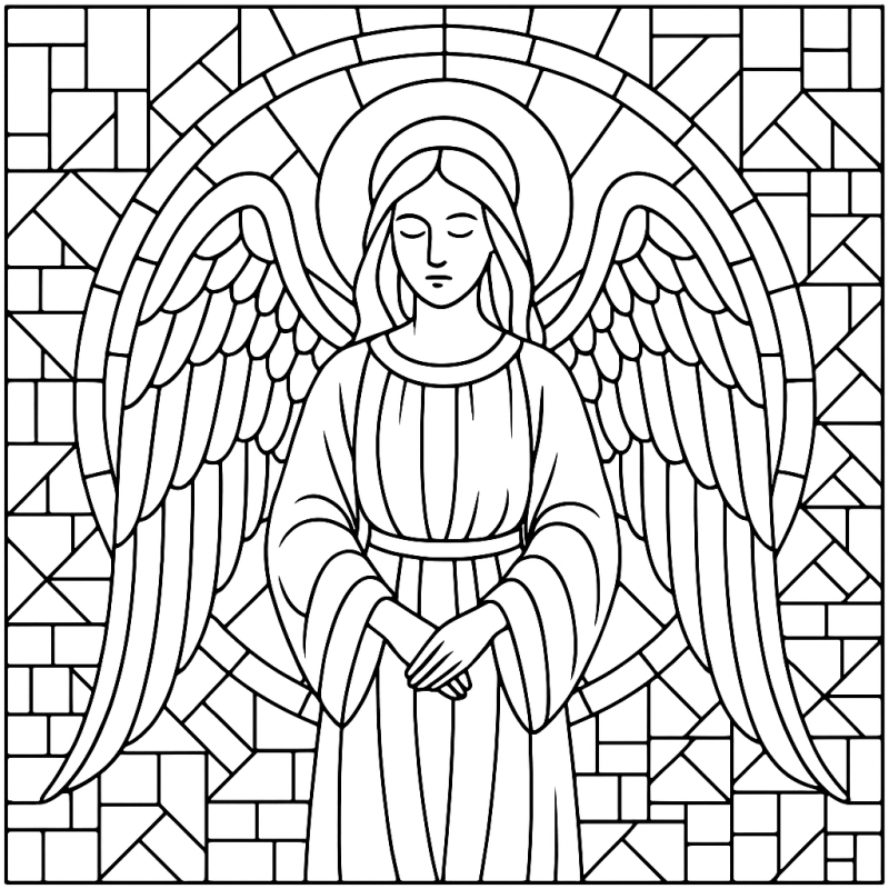 Desenho intrincado de anjo em mosaico de vitrais para colorir