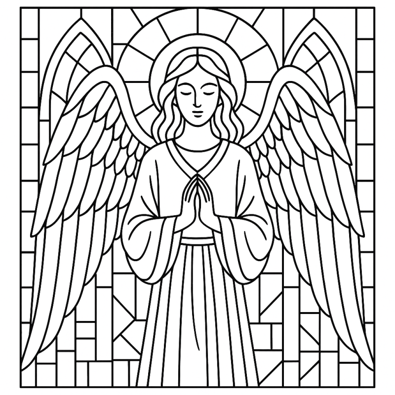 Desenho de anjo estilizado em mosaico estilo vitral para colorir