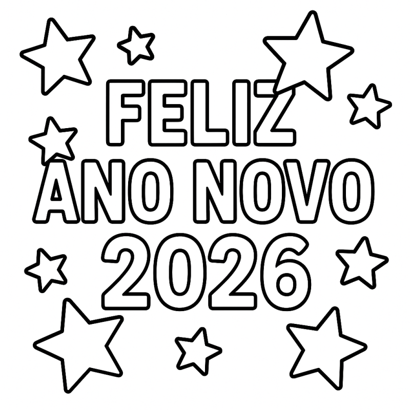 Desenho com mensagem Feliz Ano Novo 2026 cercada por estrelas