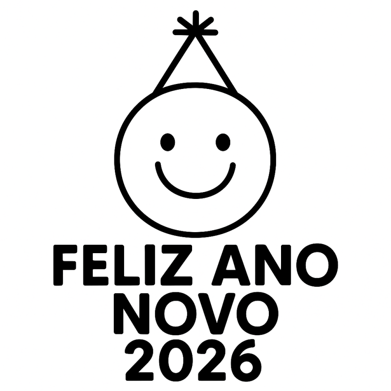 Desenho de rosto sorridente com chapéu e Feliz Ano Novo 2026 para colorir