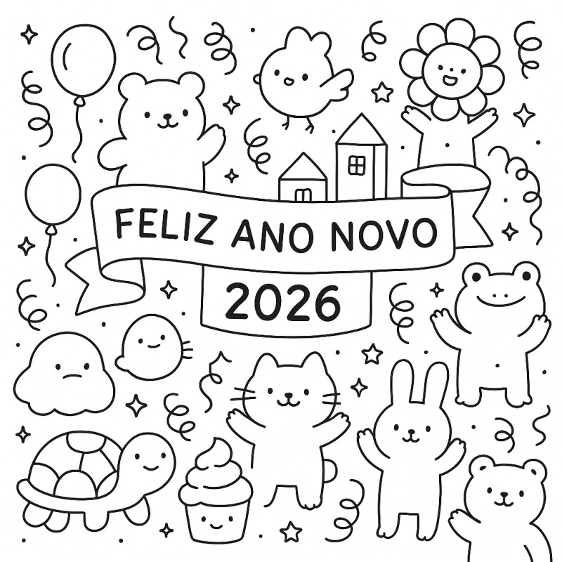 Desenho comemorativo de Feliz Ano Novo 2026 com animais e elementos festivos