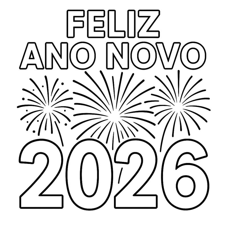 Desenho de Ano Novo 2026 para Colorir com Explosão de Criatividade