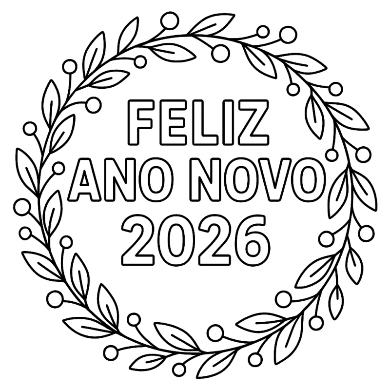 Desenho para Colorir com Mensagem Feliz Ano Novo 2026 e Coroa Decorativa