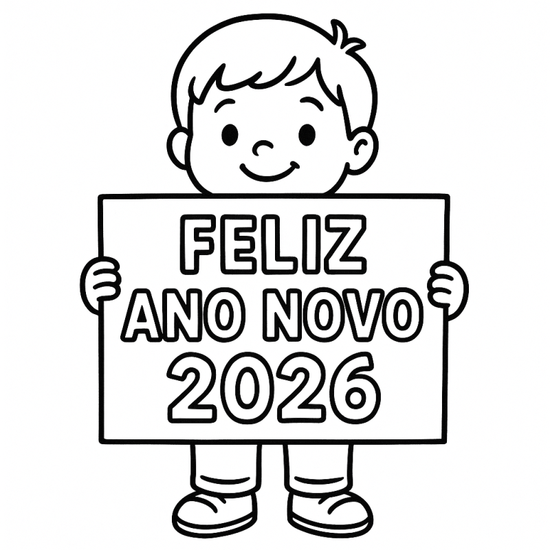 Desenho de uma criança com cartaz de Feliz Ano Novo 2026 para colorir