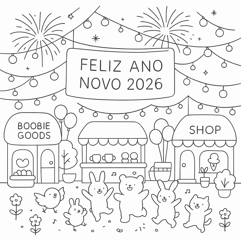 Cena festiva de Ano Novo 2026 com coelhos, urso e fogos de artifício para colorir