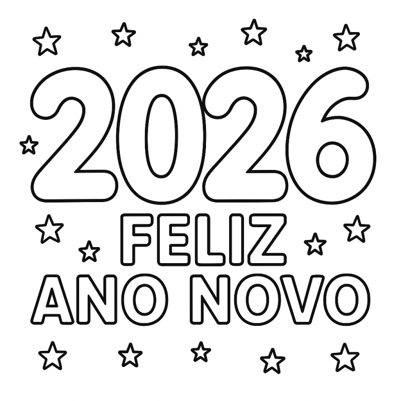 Desenho de Feliz Ano Novo 2026 com estrelas para colorir