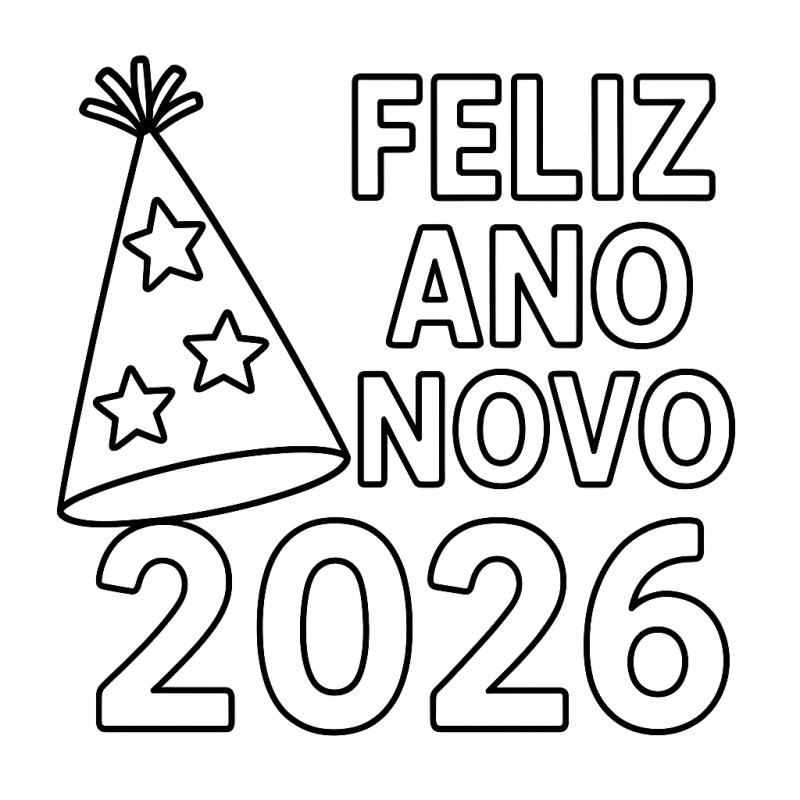 Chapéu de festa com estrelas e mensagem de Feliz Ano Novo 2026 para colorir