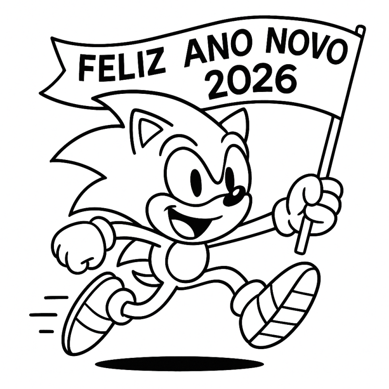 Desenho do Sonic correndo com bandeira de Feliz Ano Novo 2026 para colorir
