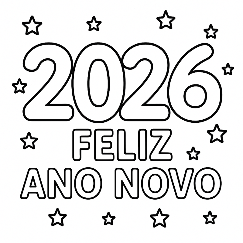 Imagem de Feliz Ano Novo 2026 com estrelas para colorir